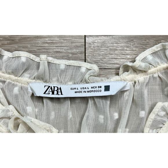 ZARA Woman Sheer Dobby Dot Blouse Long Sleeve Peasant Top Ivory White Size L - Picture 2 of 9